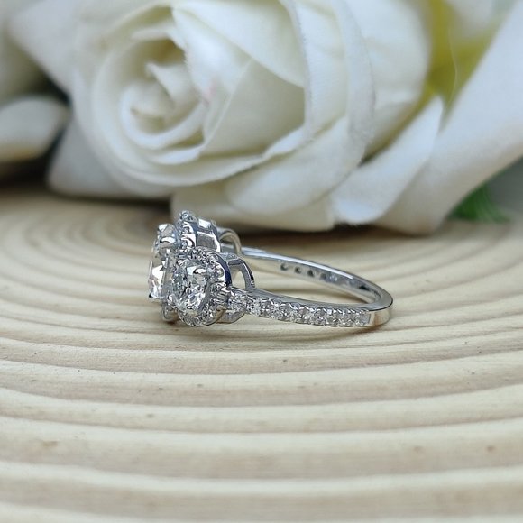 3 Stone Round Moissanite Halo Engagement Ring 14K Gold Plated Size 5.75 - Picture 4 of 4